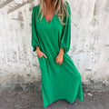V-Neck Solid Color Women'S Lantern Sleeve Dress