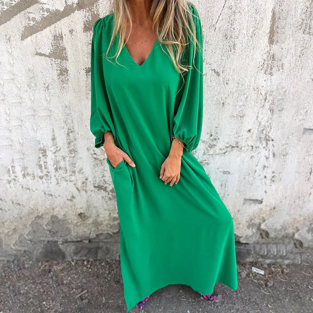 V-Neck Solid Color Women'S Lantern Sleeve Dress