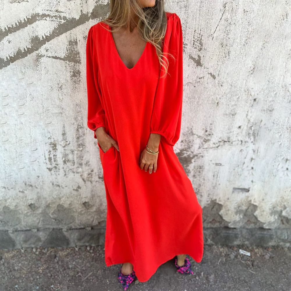 V-Neck Solid Color Women'S Lantern Sleeve Dress