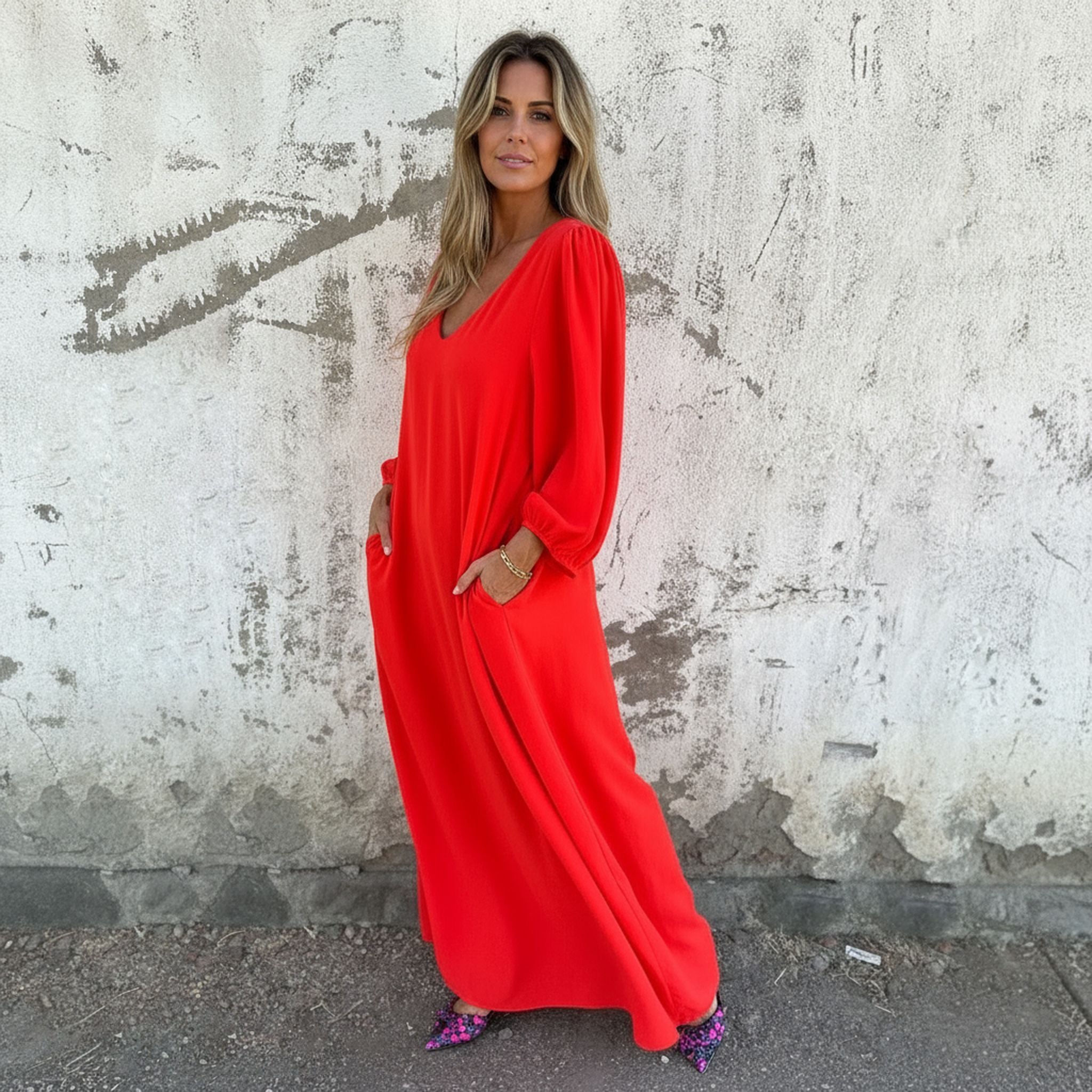 V-Neck Solid Color Women'S Lantern Sleeve Dress