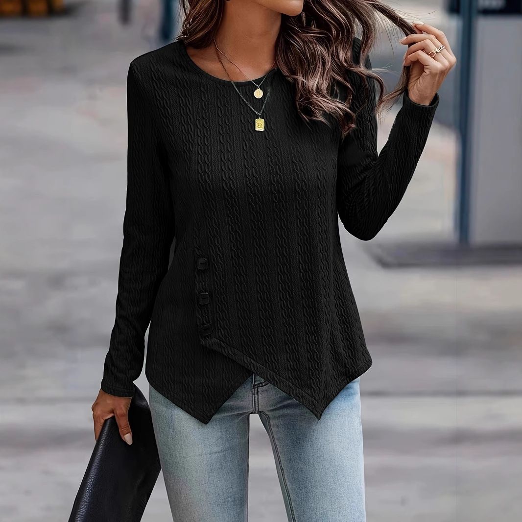 T-Shirt Vintage Slimming Long-Sleeved Top With Crew Neck Buttons