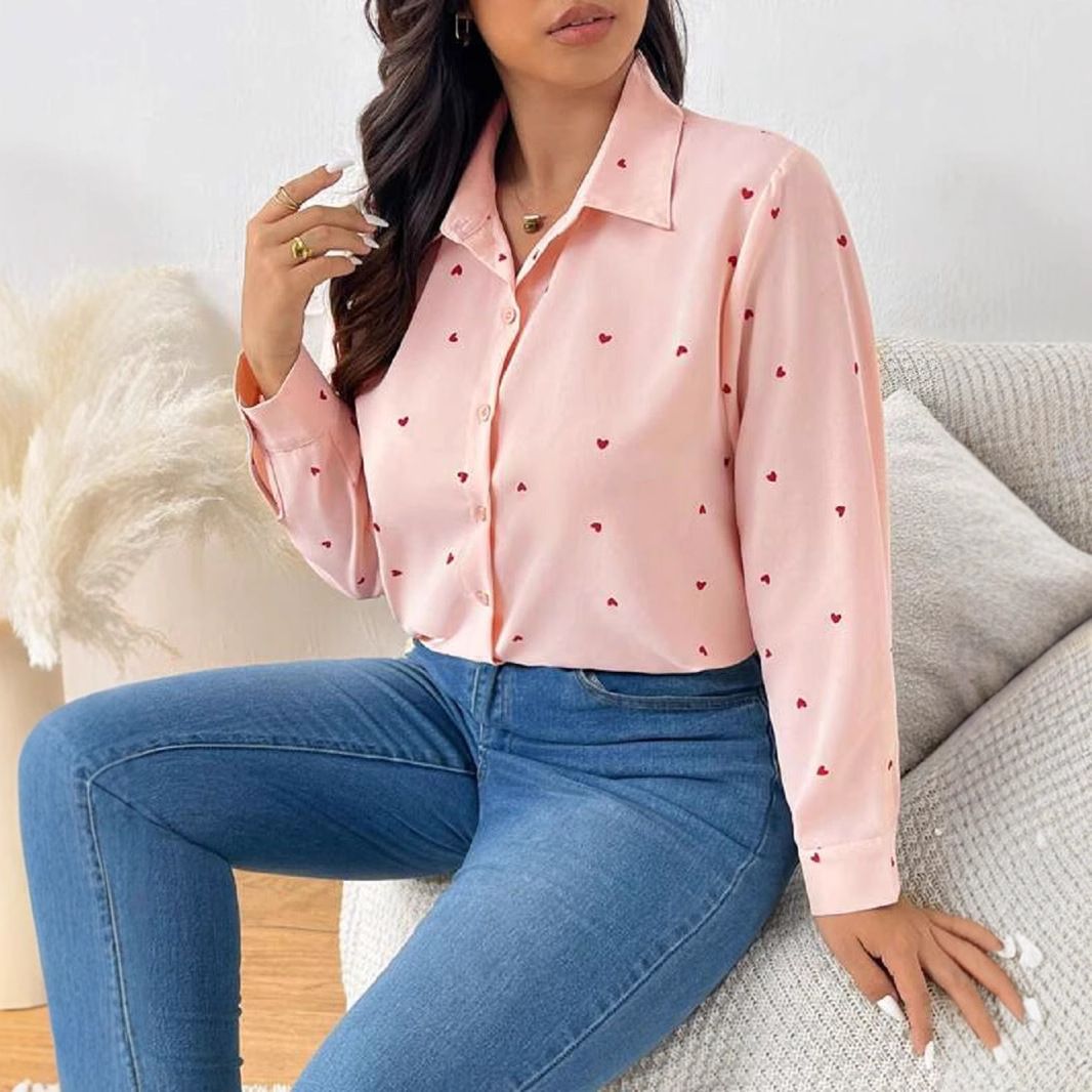 Women'S Tops Fashion Digital Print Long Sleeve Shirts Love Print Shirts
