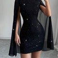 Crew Neck Pit Strip Pearl Chiffon Cape Hip Wrap Dress Women