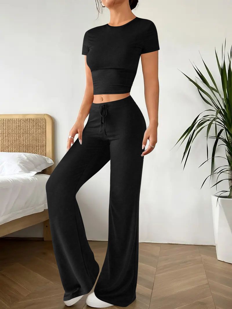 Casual Sports Slim High Waist Solid Color Trousers Short Sleeve T-Shirt Set Women