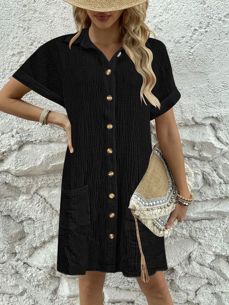 New Simple Solid Color Casual Fashion Lapel Button-Down Shirt Dress