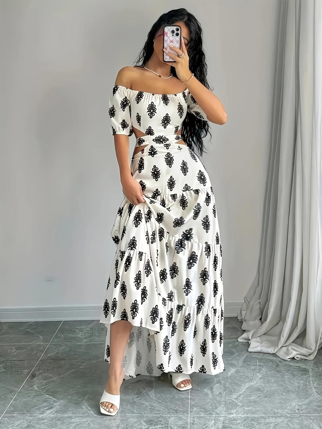Printed Long Skirt Strappy Sexy A-Line Dress One-Shoulder Bandeau Resort Style Women'S