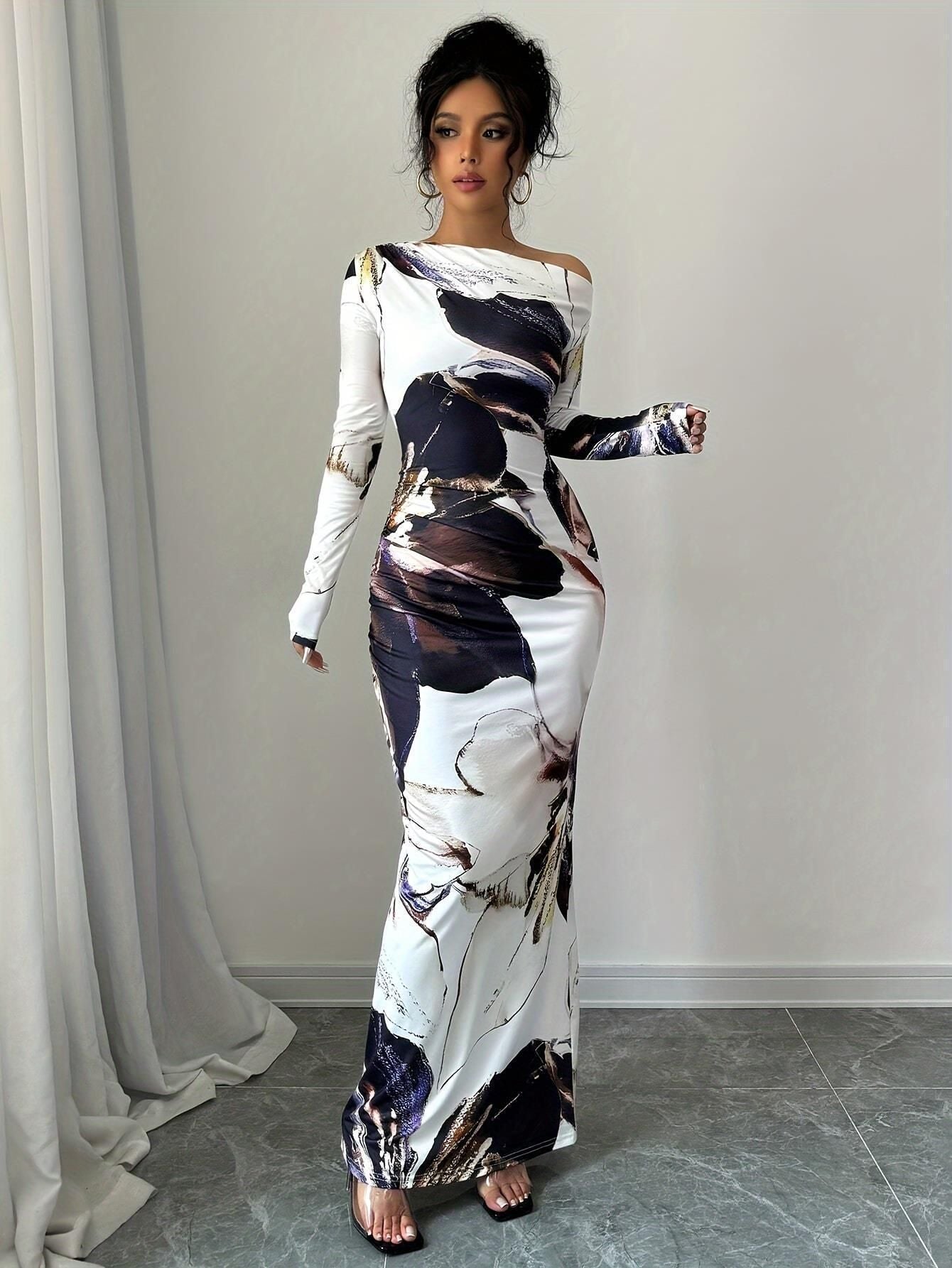 Floral Print Crossbody Shoulder Hip Wrap Dress