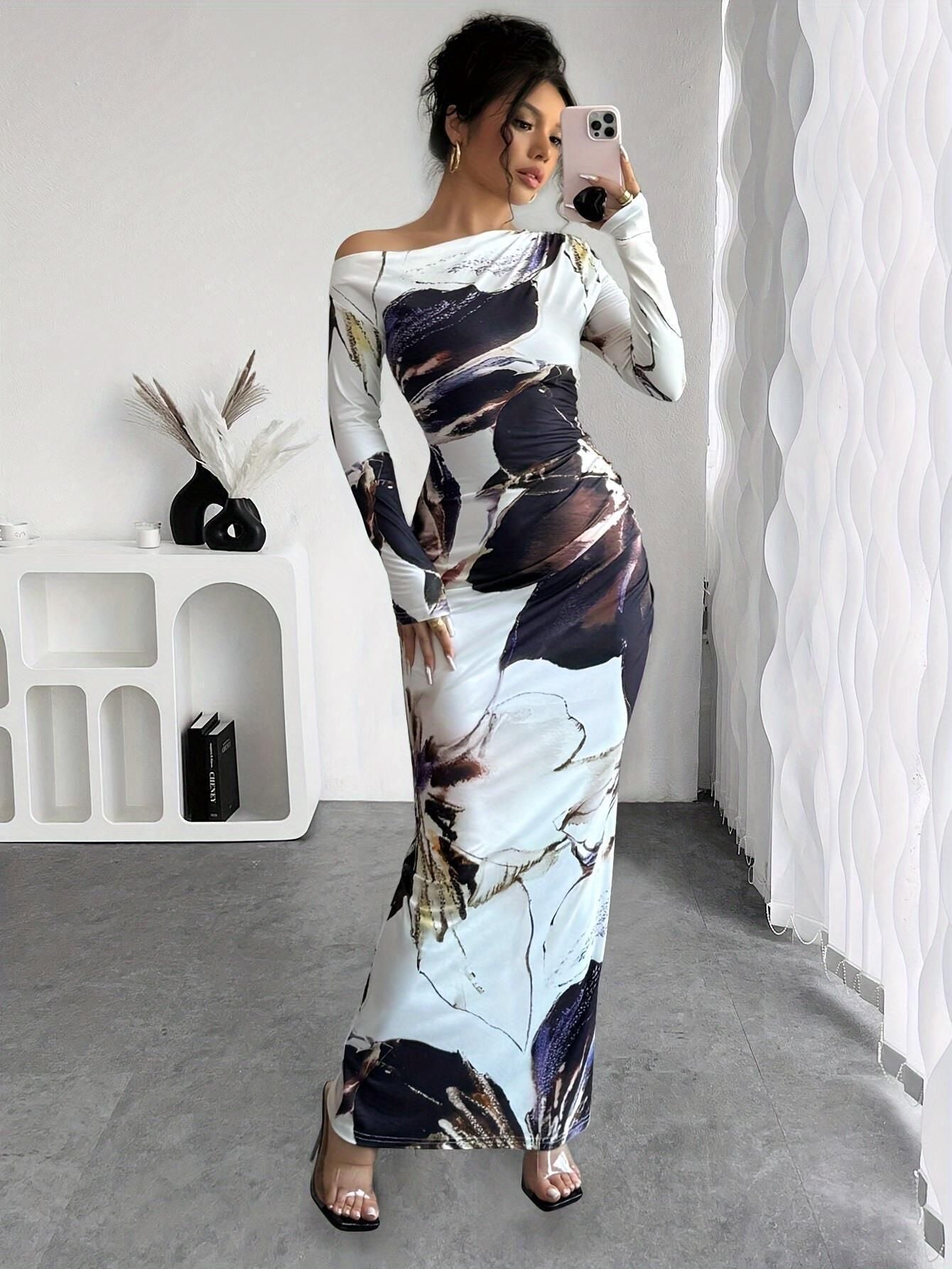 Floral Print Crossbody Shoulder Hip Wrap Dress