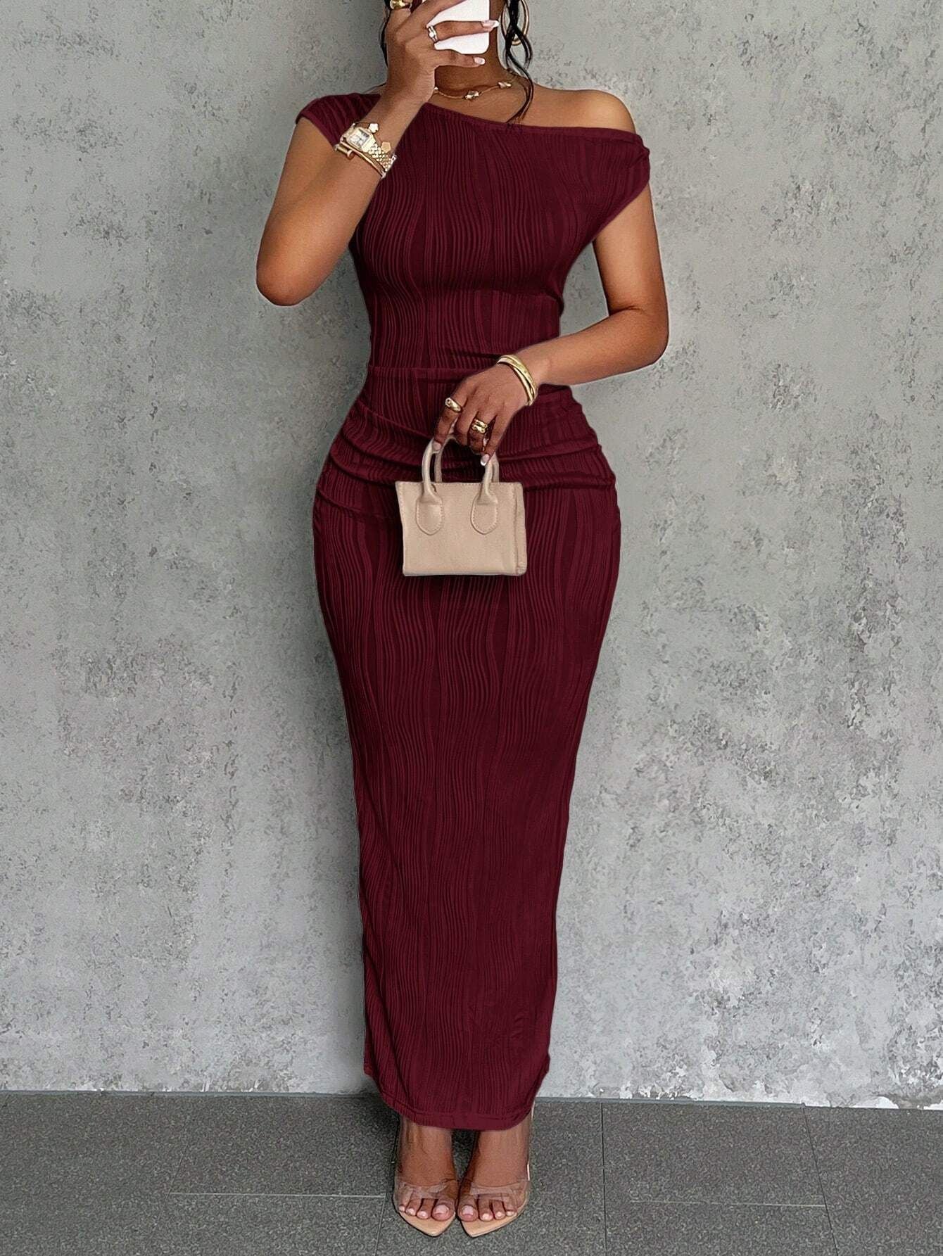 New Cross-Border Cute Fashion Water Ripple Slanted Shoulder Dress