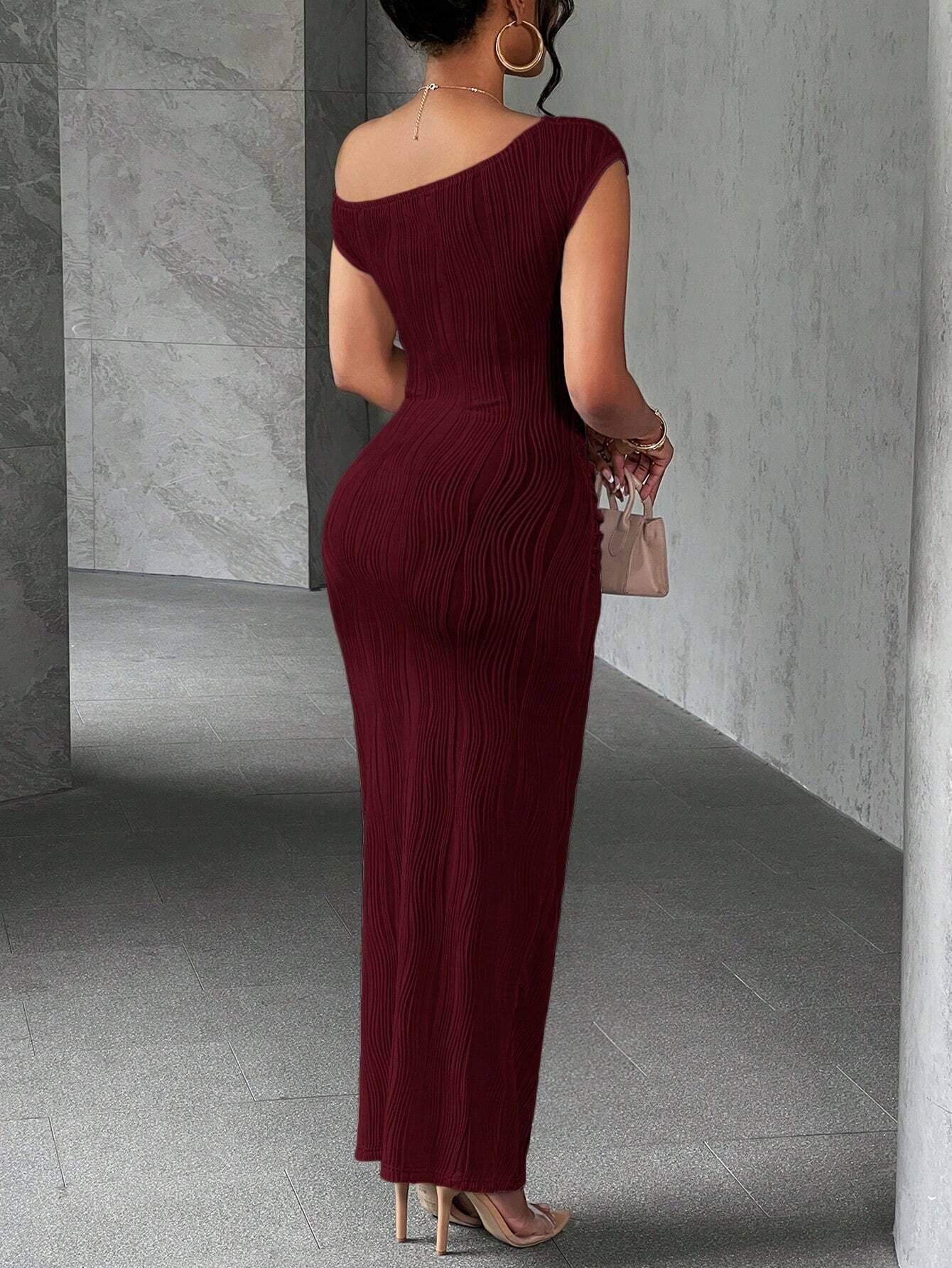 New Cross-Border Cute Fashion Water Ripple Slanted Shoulder Dress