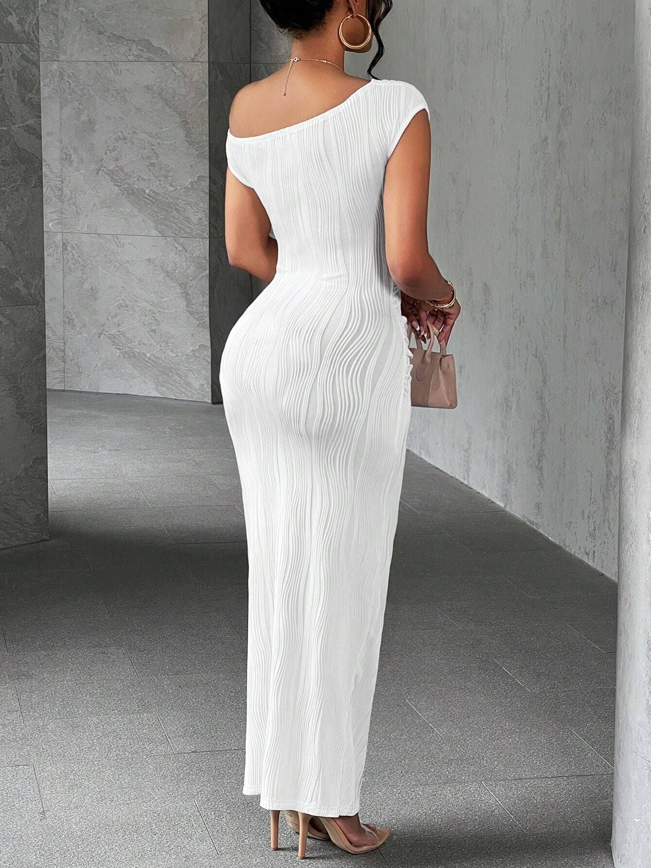 New Cross-Border Cute Fashion Water Ripple Slanted Shoulder Dress