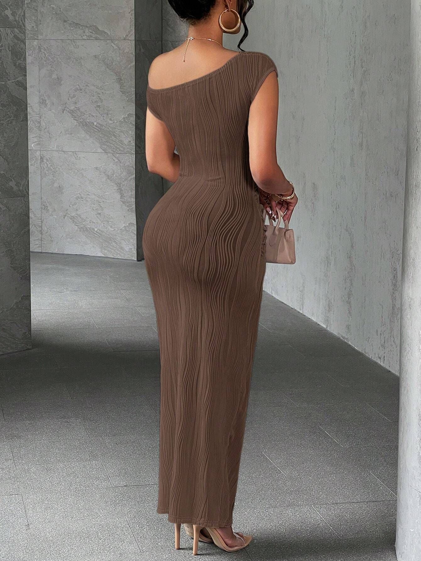 New Cross-Border Cute Fashion Water Ripple Slanted Shoulder Dress