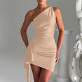 Cross-Border Amazon One Shoulder Pleated Slit Sexy Satin Dress