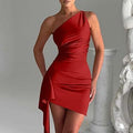 Cross-Border Amazon One Shoulder Pleated Slit Sexy Satin Dress