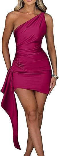 Cross-Border Amazon One Shoulder Pleated Slit Sexy Satin Dress