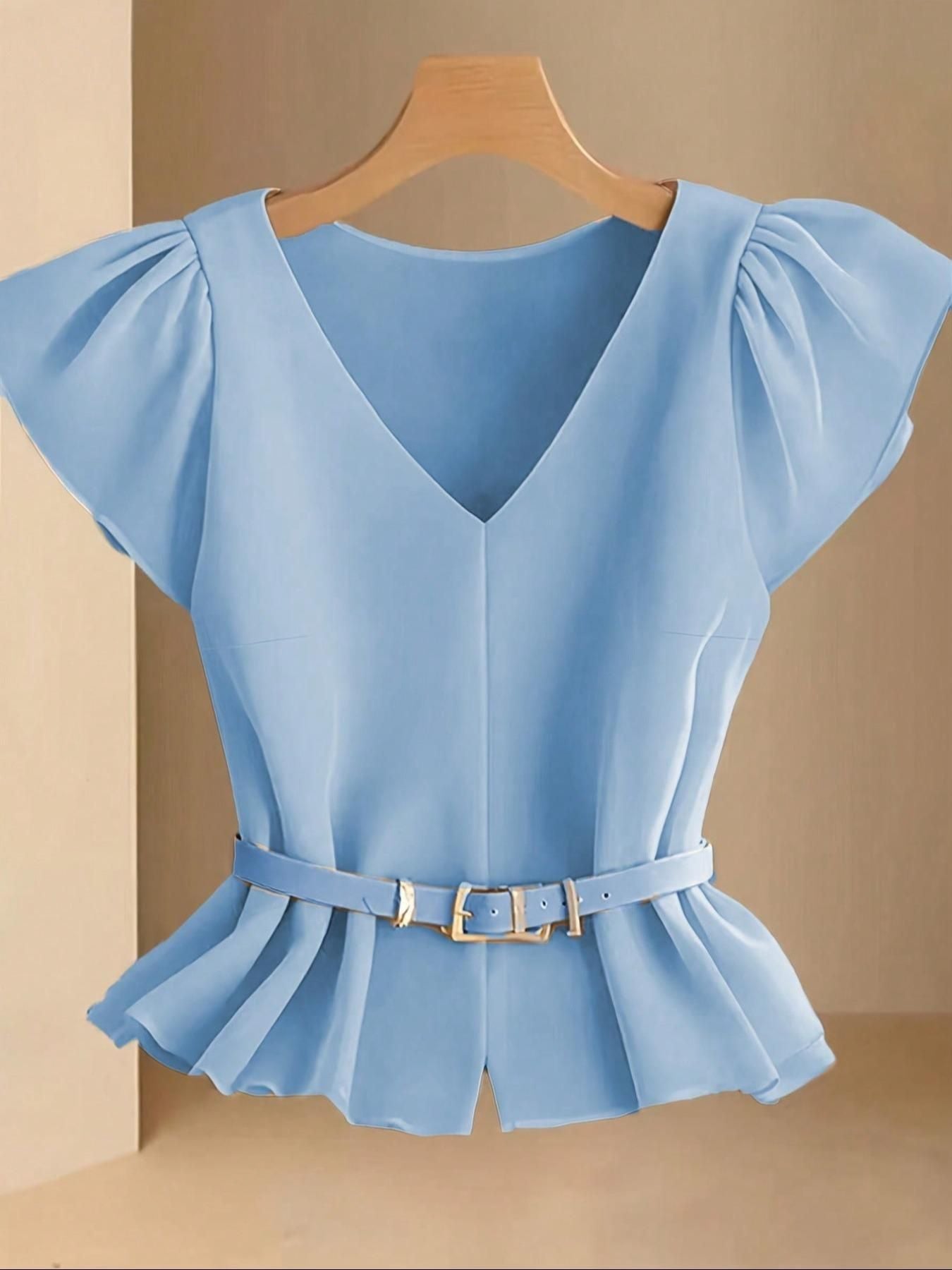 French Light Mature Niche Blue Women'S V-Neck Simple Elegant Shirt