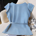 French Light Mature Niche Blue Women'S V-Neck Simple Elegant Shirt