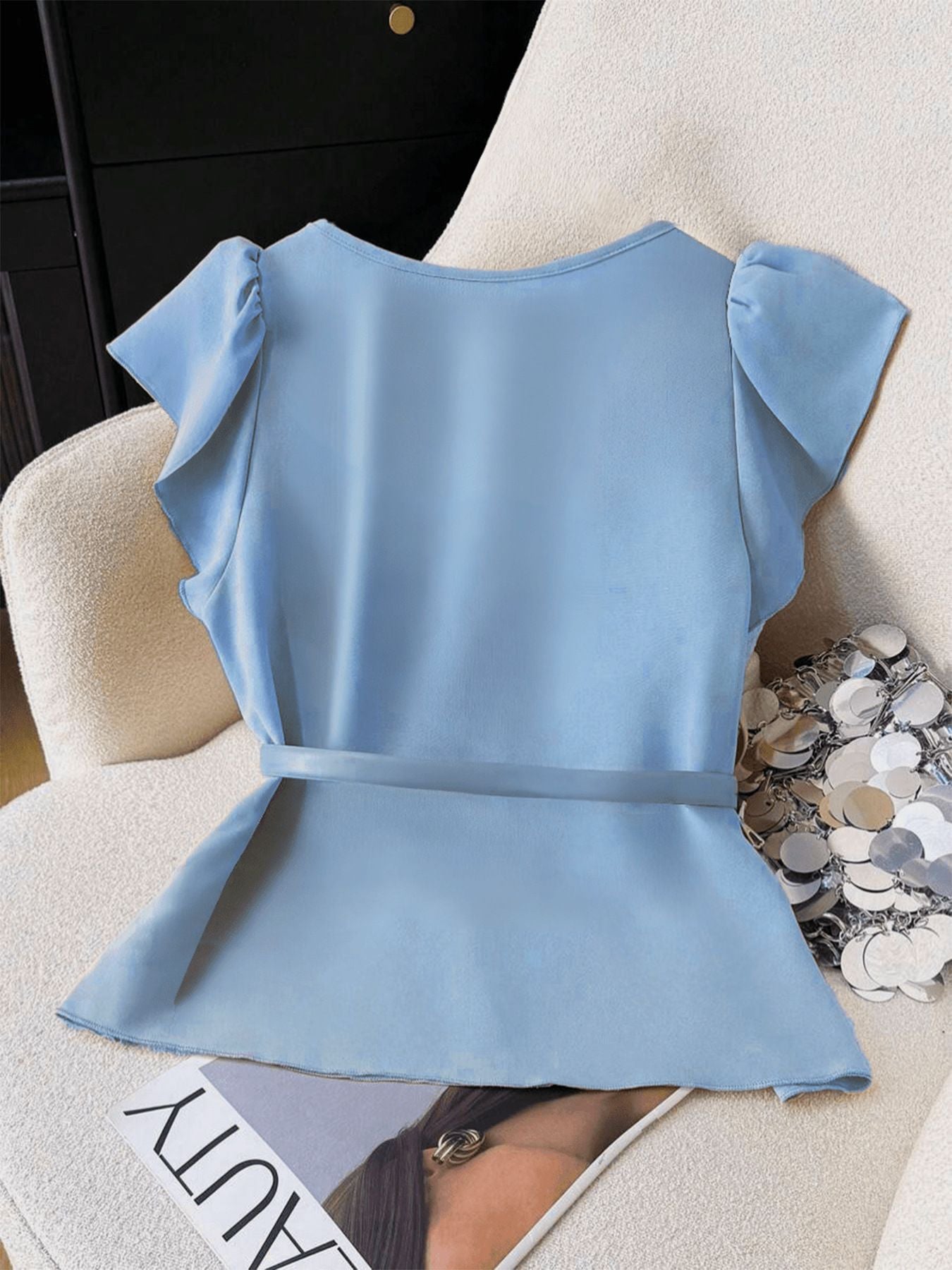 French Light Mature Niche Blue Women'S V-Neck Simple Elegant Shirt