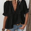 Lace Top, Butterfly Sleeve V-Neck Shirt, Casual Flowing Ruffled Short Sleeves