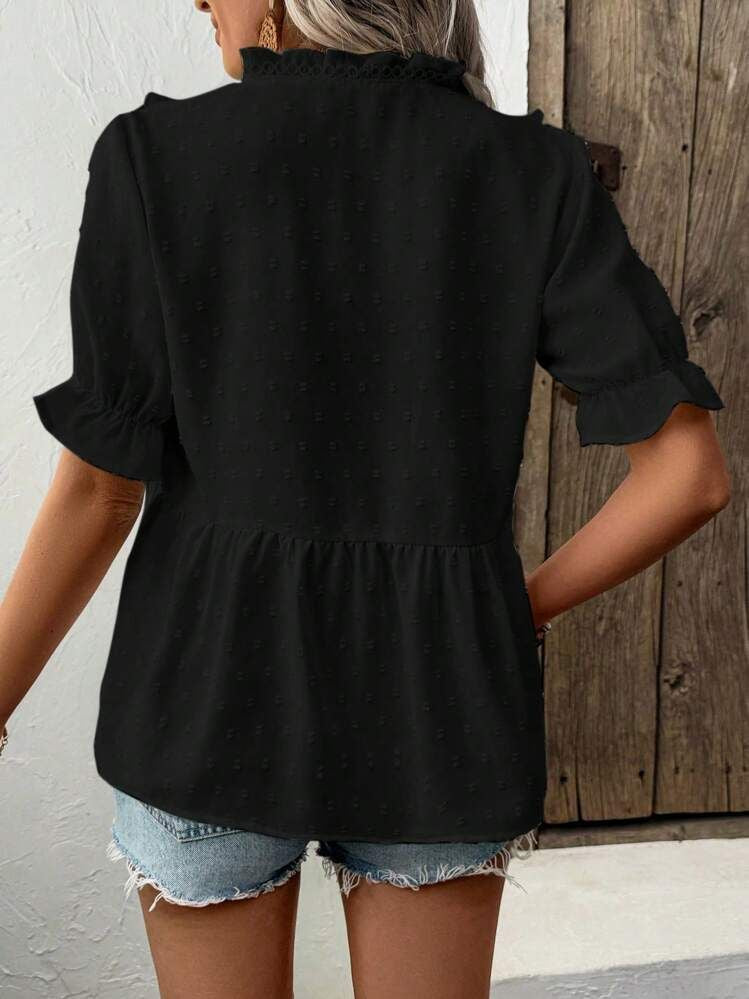 Lace Top, Butterfly Sleeve V-Neck Shirt, Casual Flowing Ruffled Short Sleeves