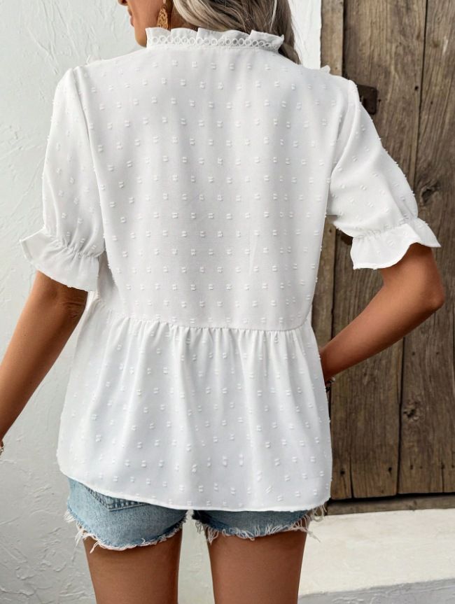 Lace Top, Butterfly Sleeve V-Neck Shirt, Casual Flowing Ruffled Short Sleeves
