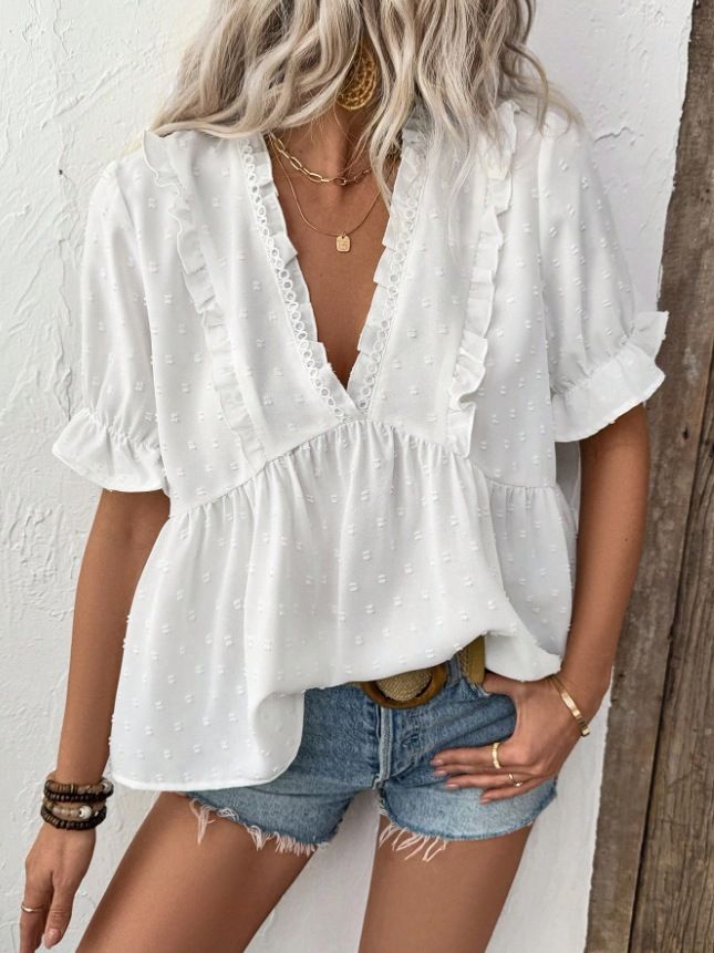 Lace Top, Butterfly Sleeve V-Neck Shirt, Casual Flowing Ruffled Short Sleeves