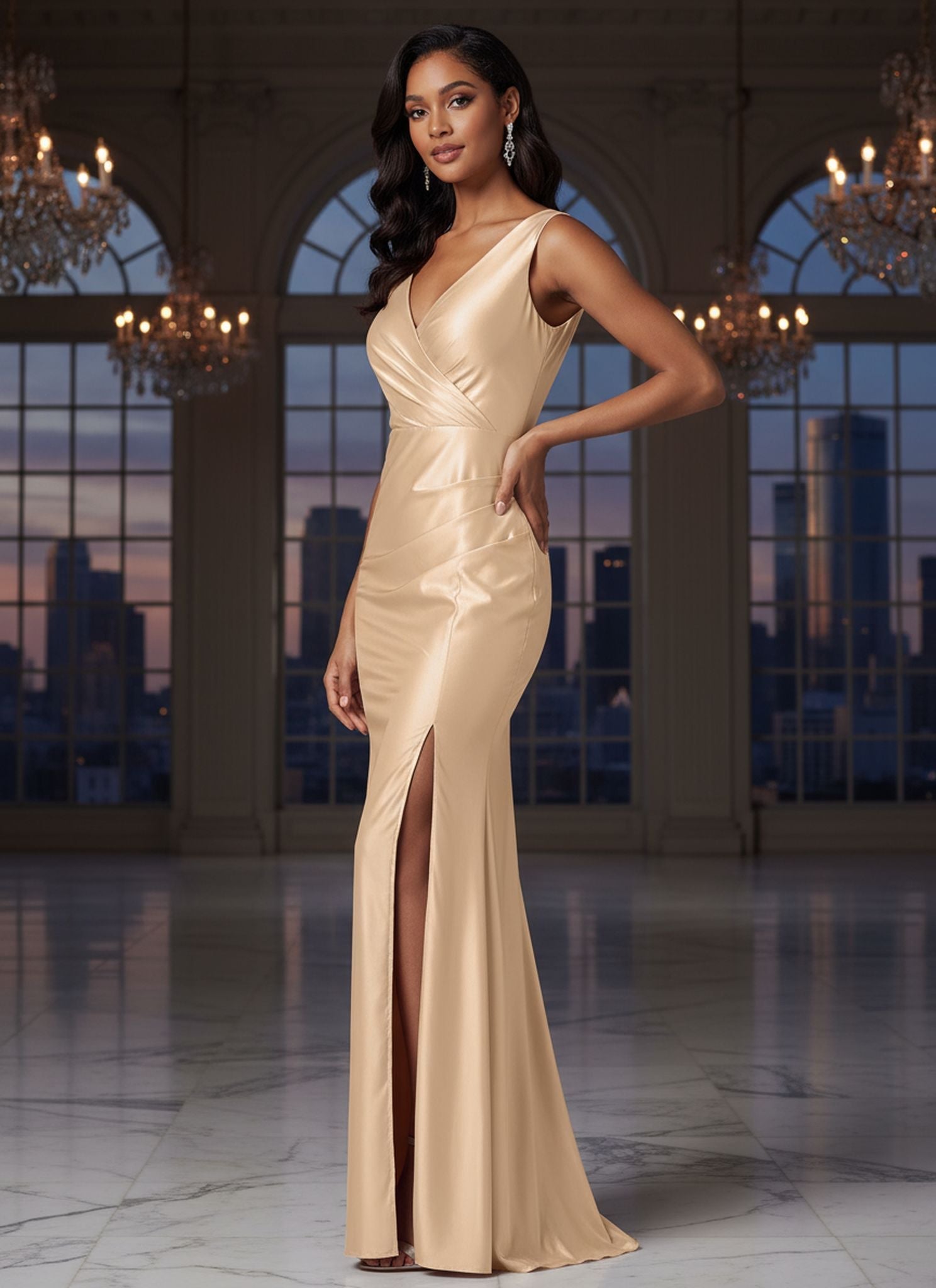 Slim Solid Color Temperament Fashionable And Sexy Foreign Trade Slit Slatted Dress