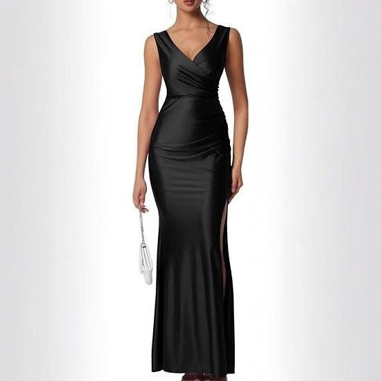 Slim Solid Color Temperament Fashionable And Sexy Foreign Trade Slit Slatted Dress