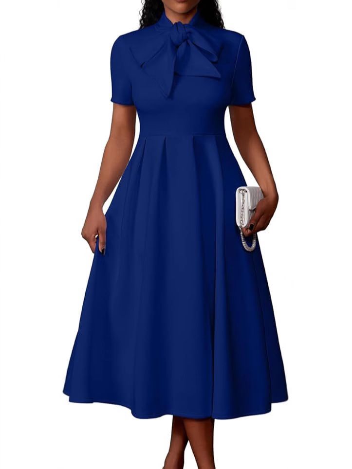 Women'S New Elegant Casual Short Sleeve Dress Work Party A-Line Skirt With Pockets