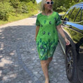 New Flower Print Loose Casual Crew Neck Dress Green