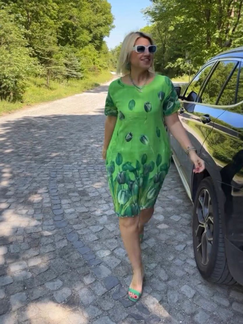 New Flower Print Loose Casual Crew Neck Dress Green