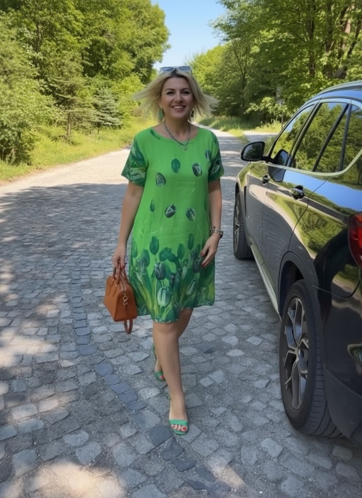 New Flower Print Loose Casual Crew Neck Dress Green