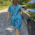 New Flower Print Loose Casual Crew Neck Dress Green