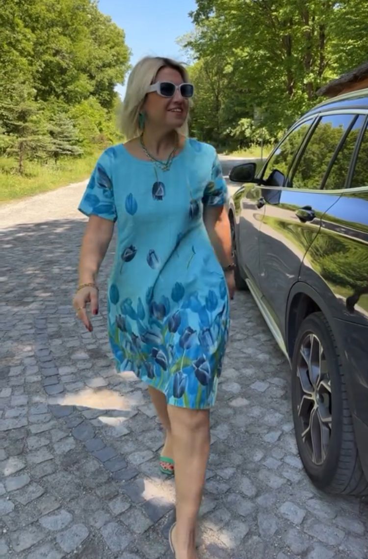 New Flower Print Loose Casual Crew Neck Dress Green