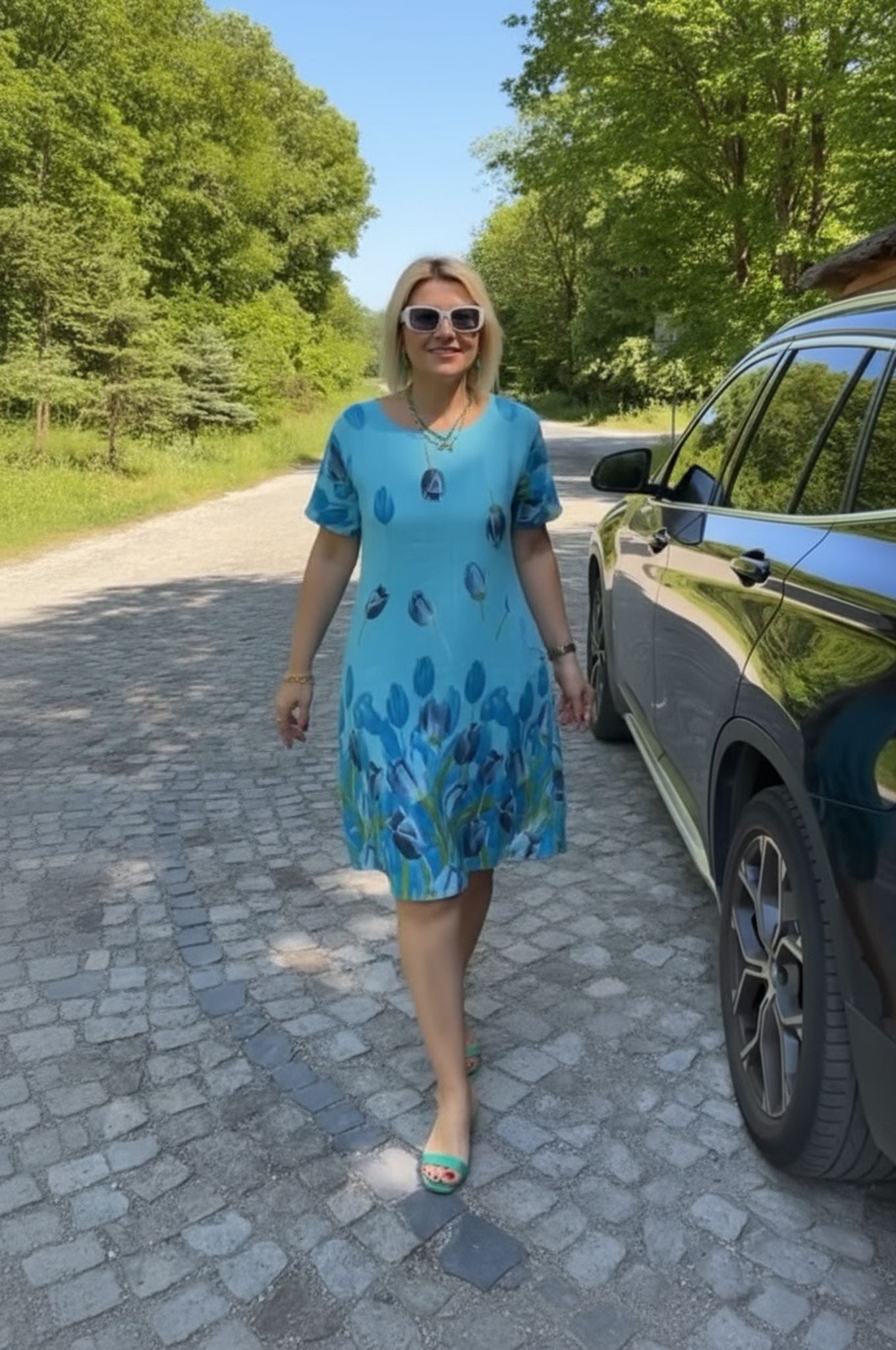New Flower Print Loose Casual Crew Neck Dress Green