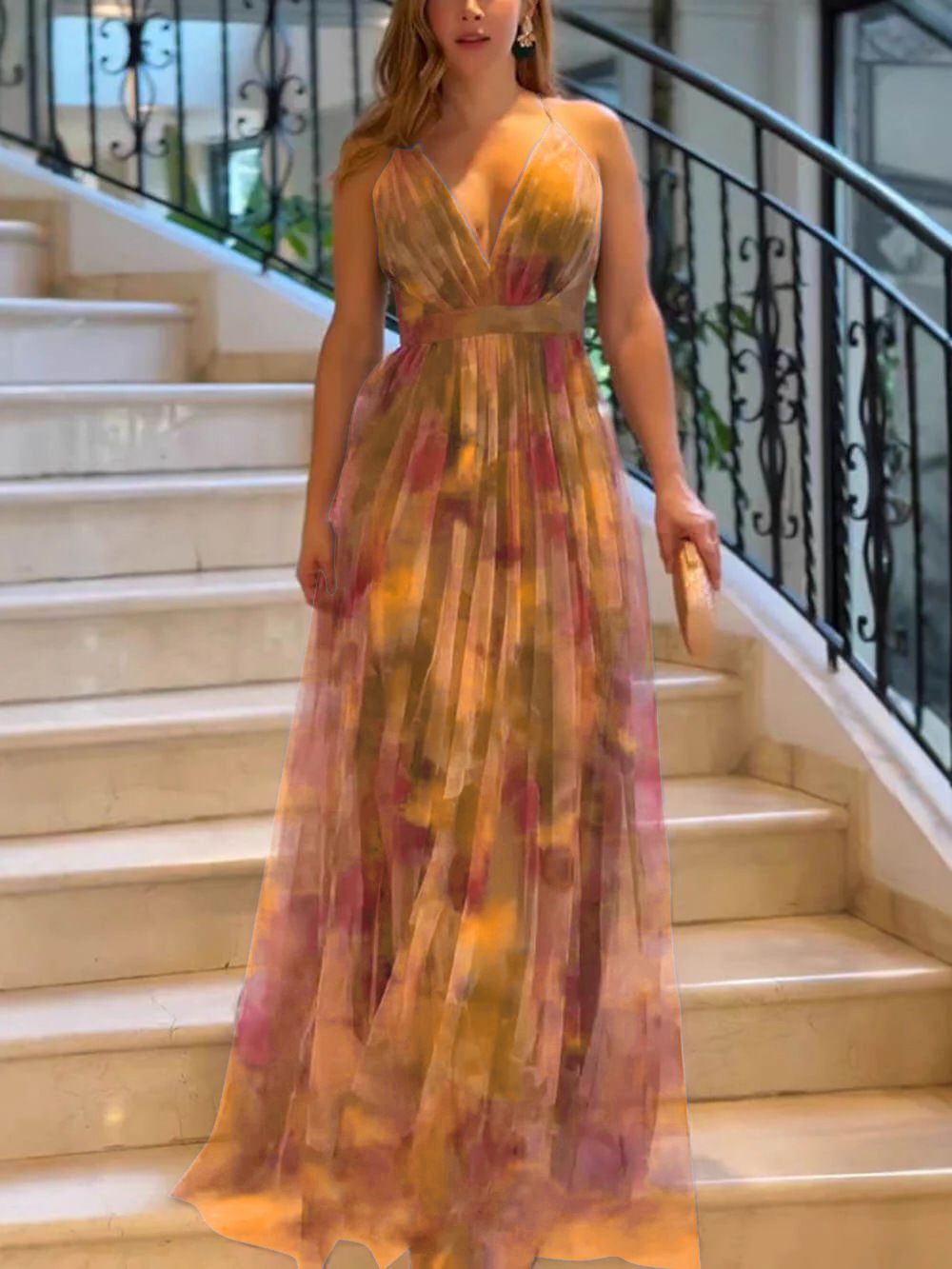 New Mesh Print Slip Dress Ins Vacation Casual Big Swing Dress For Women.