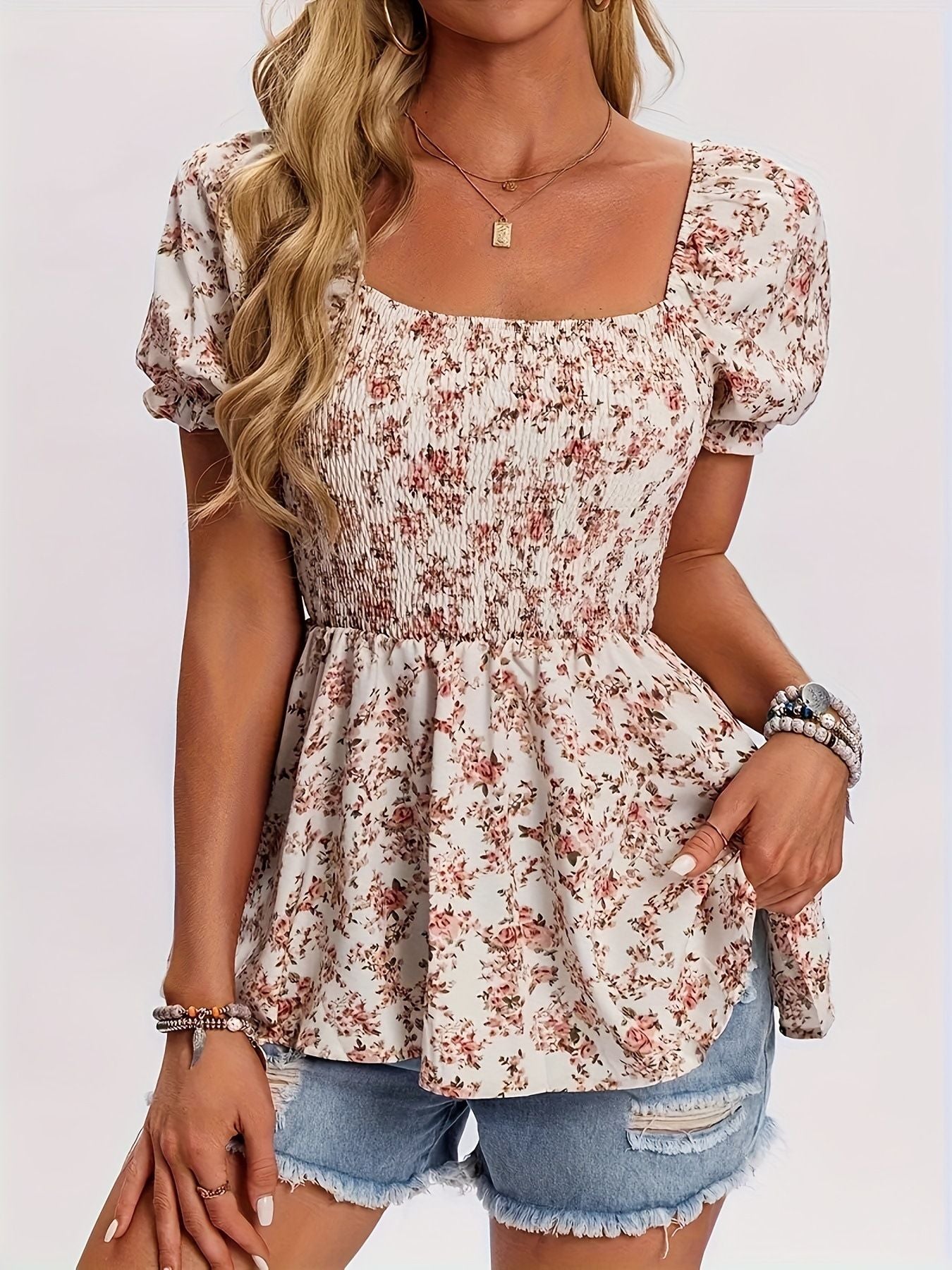 Casual Square Neck With Ruffle Sleeves Floral Holiday Top