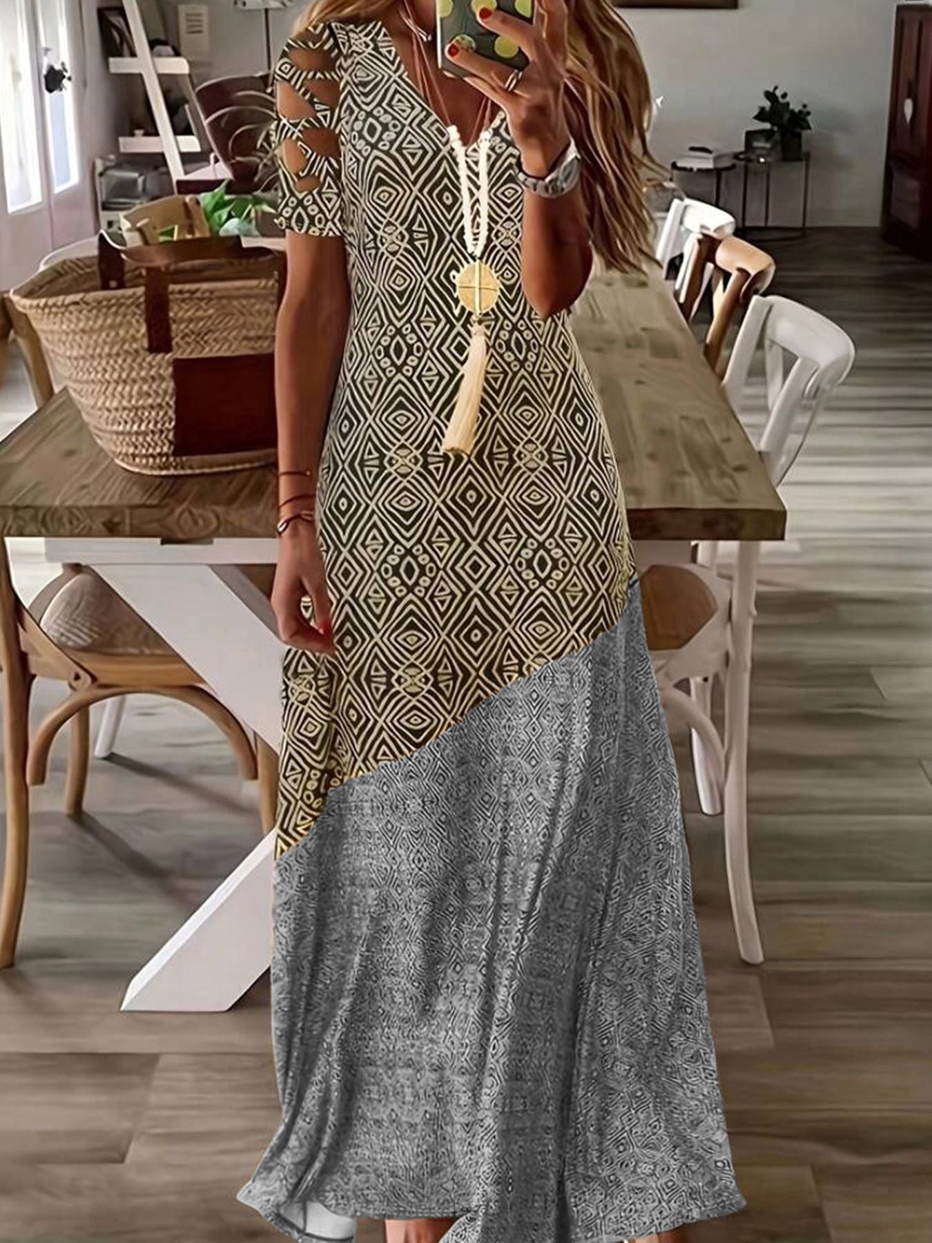 Summer V-Neck Thread Hollow Casual Fashion Print Dress Long Skirt