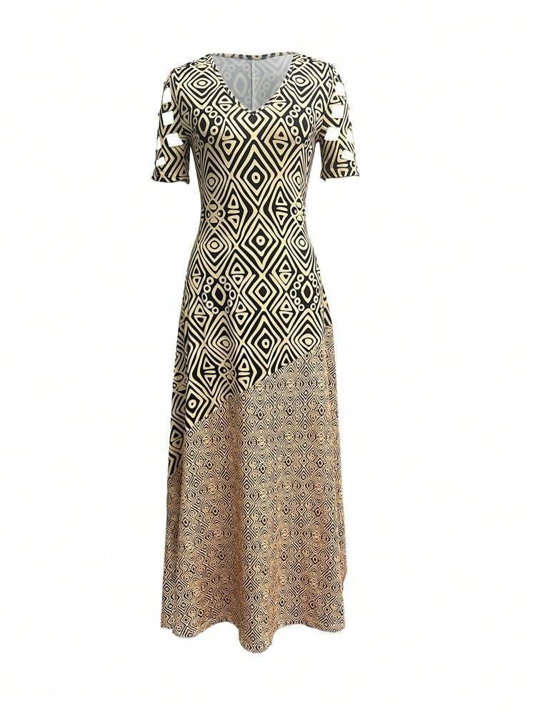 Summer V-Neck Thread Hollow Casual Fashion Print Dress Long Skirt