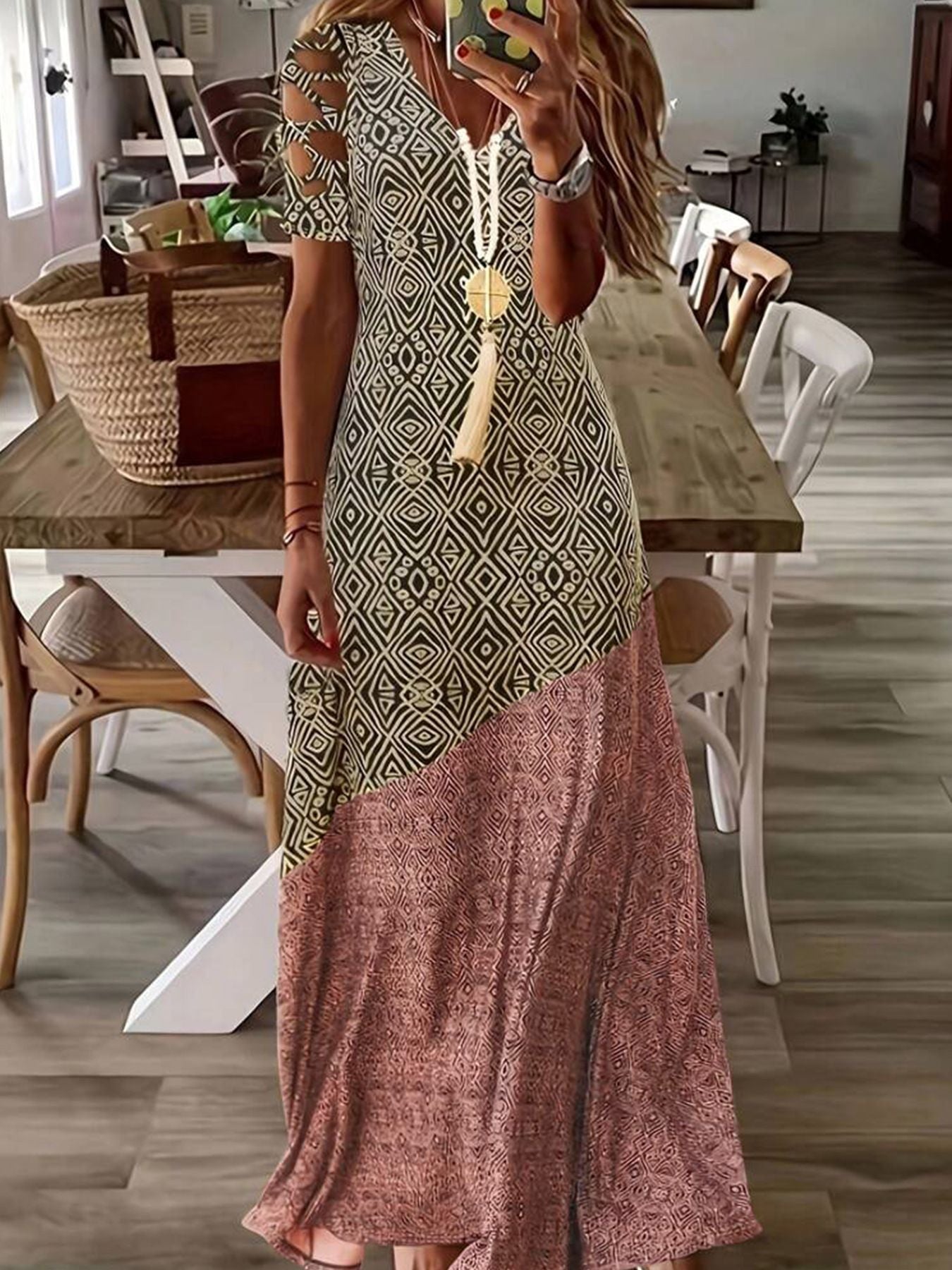Summer V-Neck Thread Hollow Casual Fashion Print Dress Long Skirt