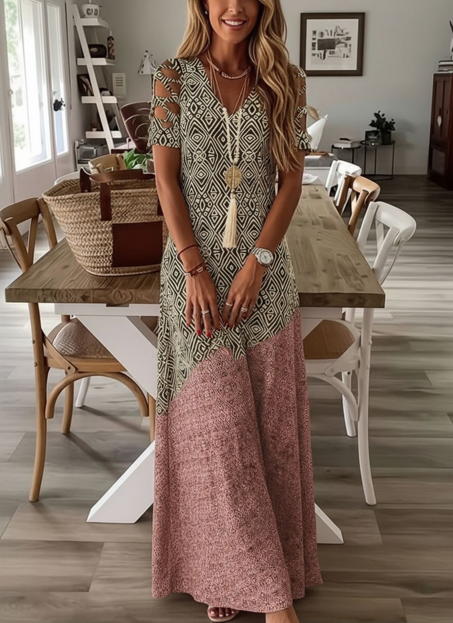 Summer V-Neck Thread Hollow Casual Fashion Print Dress Long Skirt