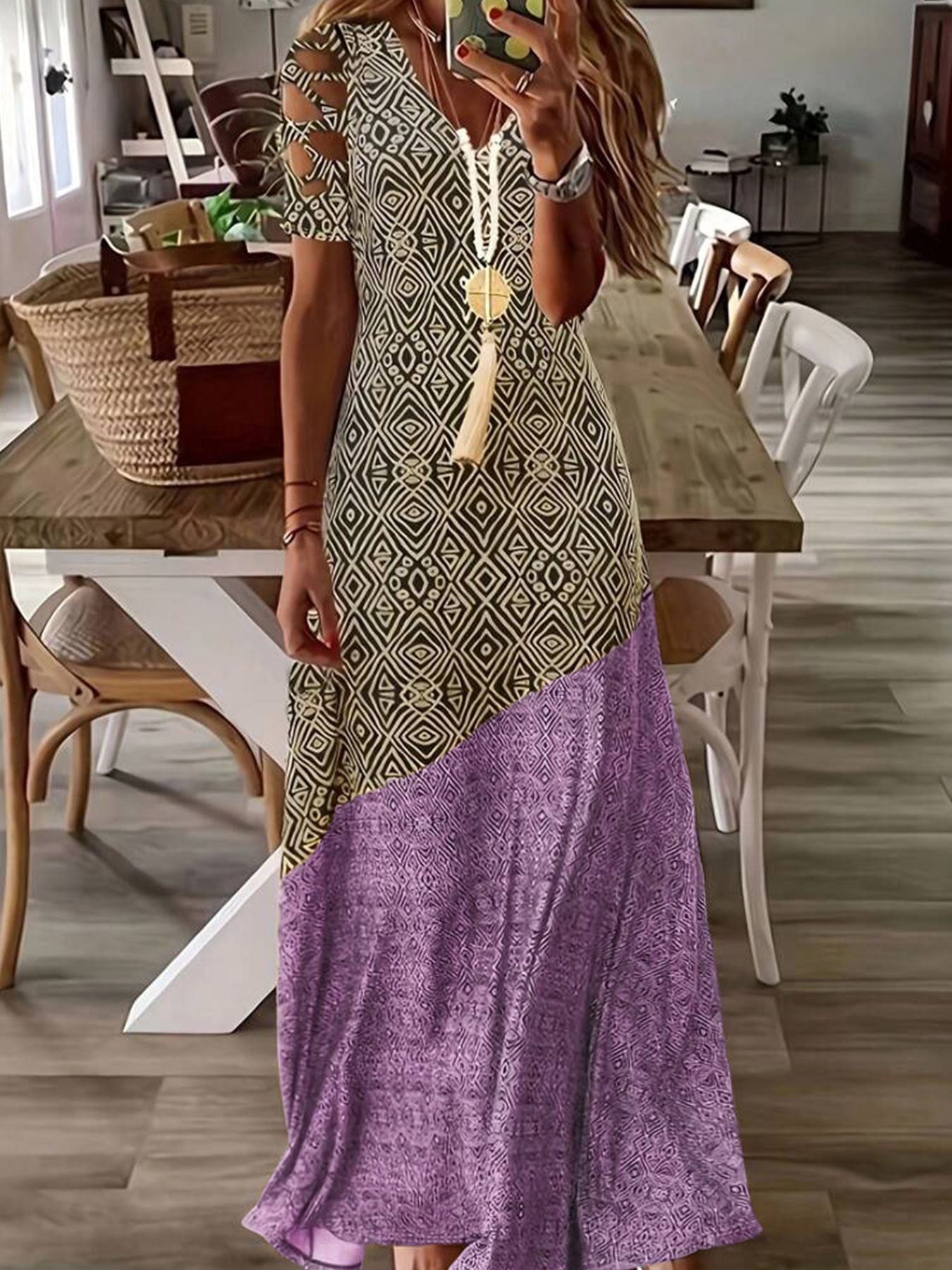 Summer V-Neck Thread Hollow Casual Fashion Print Dress Long Skirt