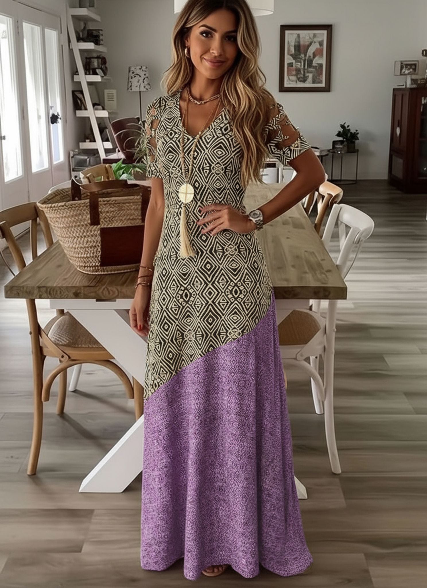 Summer V-Neck Thread Hollow Casual Fashion Print Dress Long Skirt