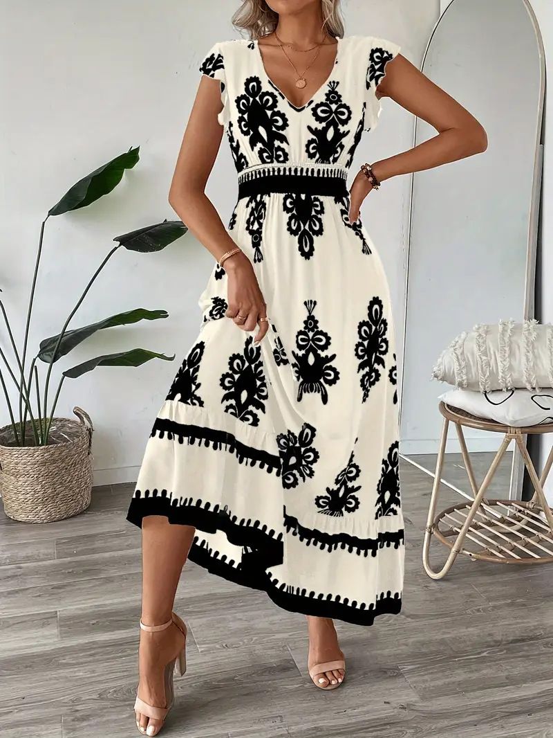 New Summer Fashion Printed V-Neck Waist Long Dress