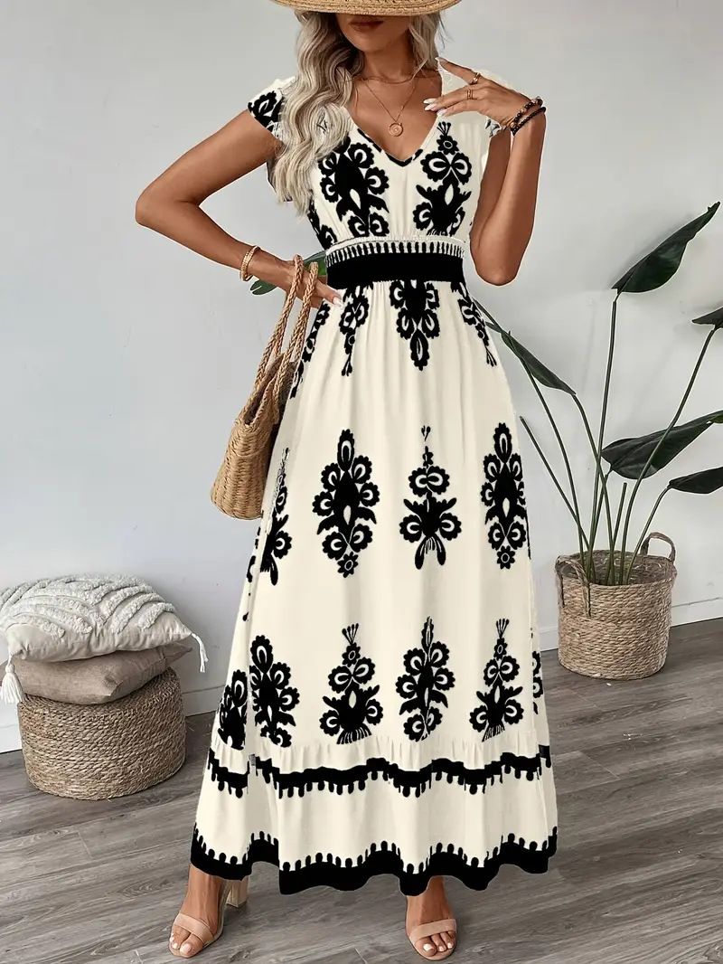 New Summer Fashion Printed V-Neck Waist Long Dress