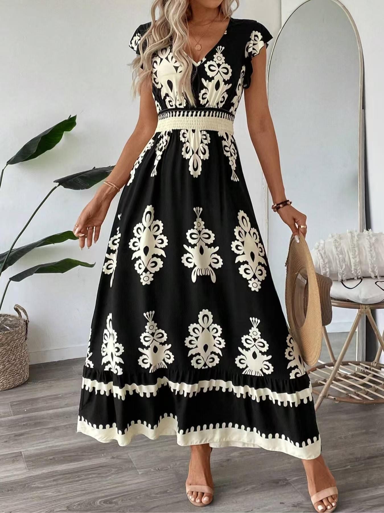 New Summer Fashion Printed V-Neck Waist Long Dress