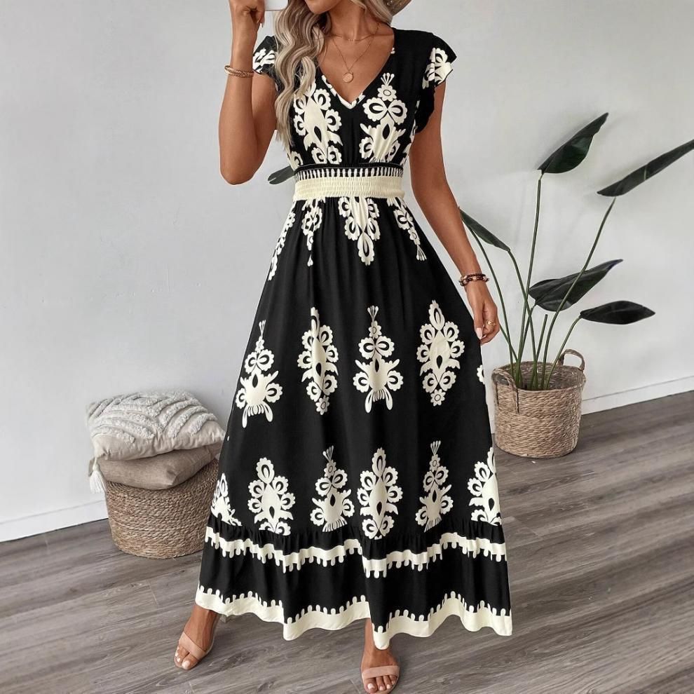 New Summer Fashion Printed V-Neck Waist Long Dress