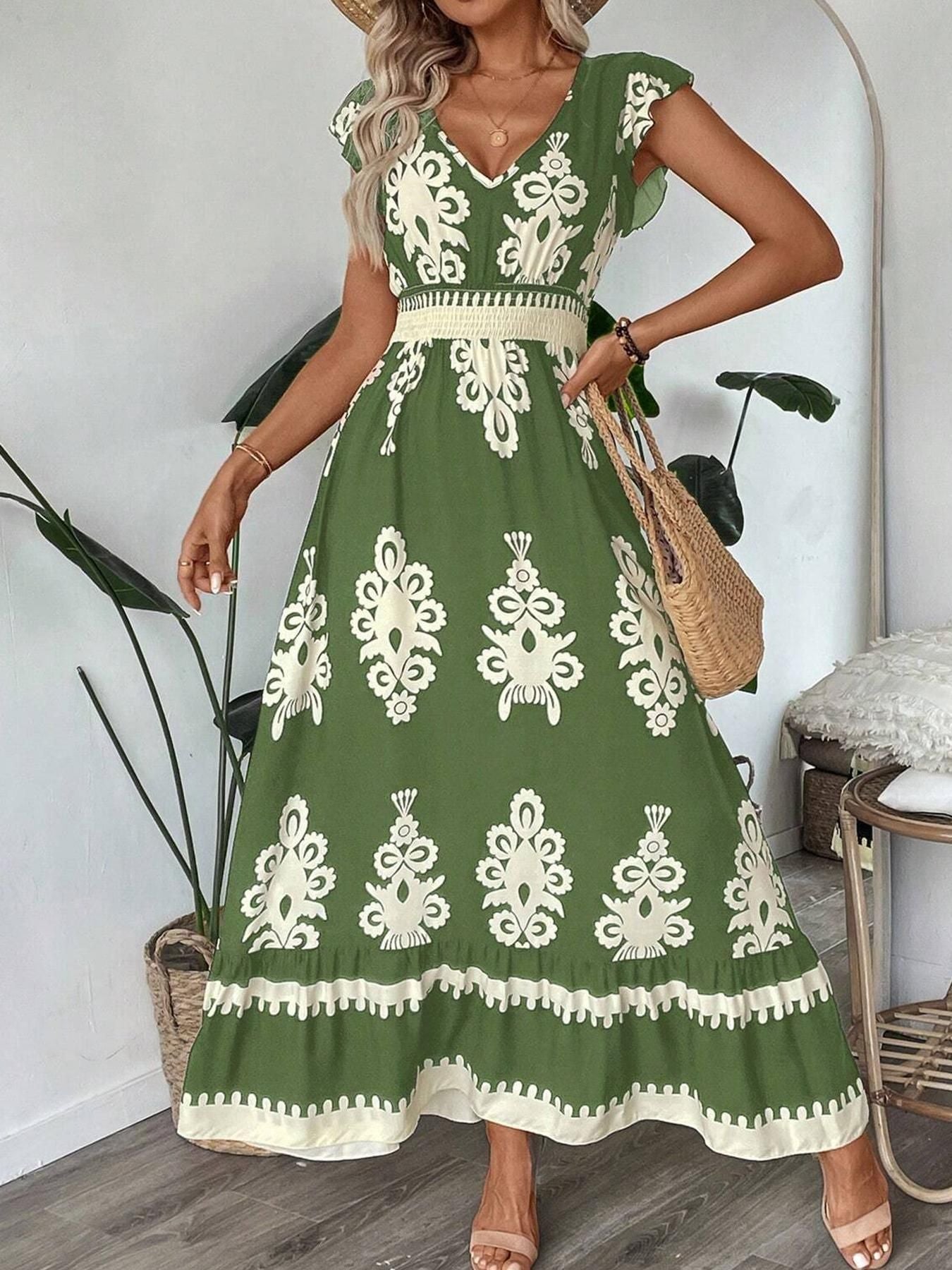 New Summer Fashion Printed V-Neck Waist Long Dress