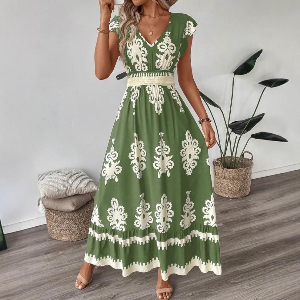 New Summer Fashion Printed V-Neck Waist Long Dress
