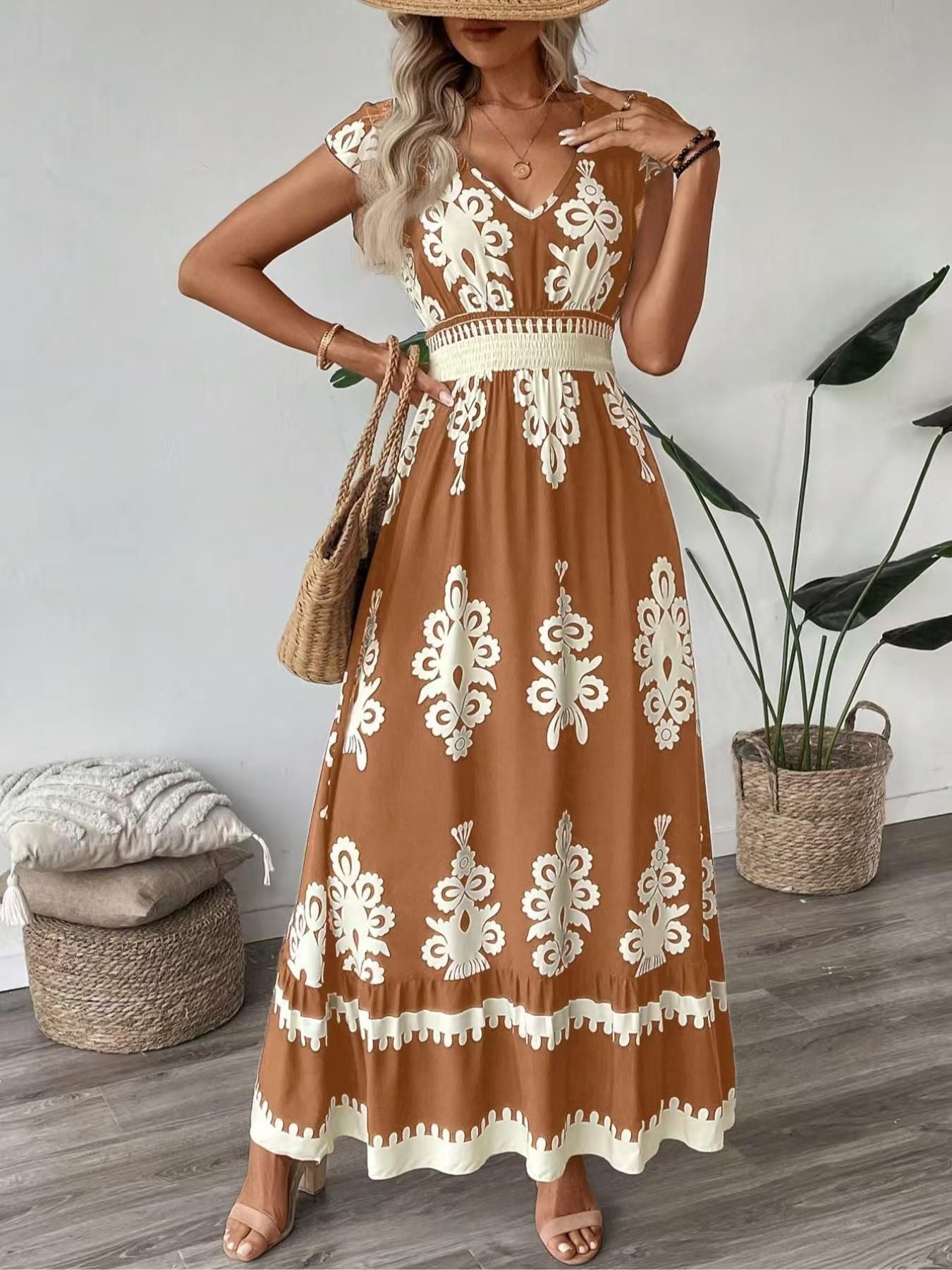 New Summer Fashion Printed V-Neck Waist Long Dress